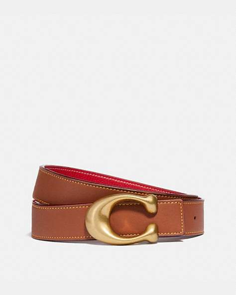COACH®,C HARDWARE REVERSIBLE BELT, 32MM,Leather,Brass/Red/1941 Saddle,Front View