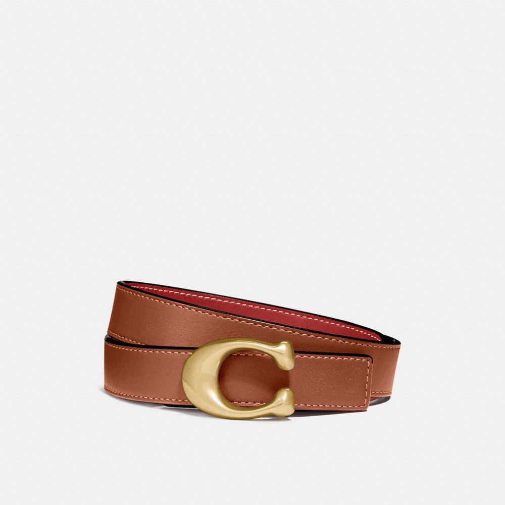 COACH®,C HARDWARE REVERSIBLE BELT, 25MM,Brass/Red/1941 Saddle,Front View
