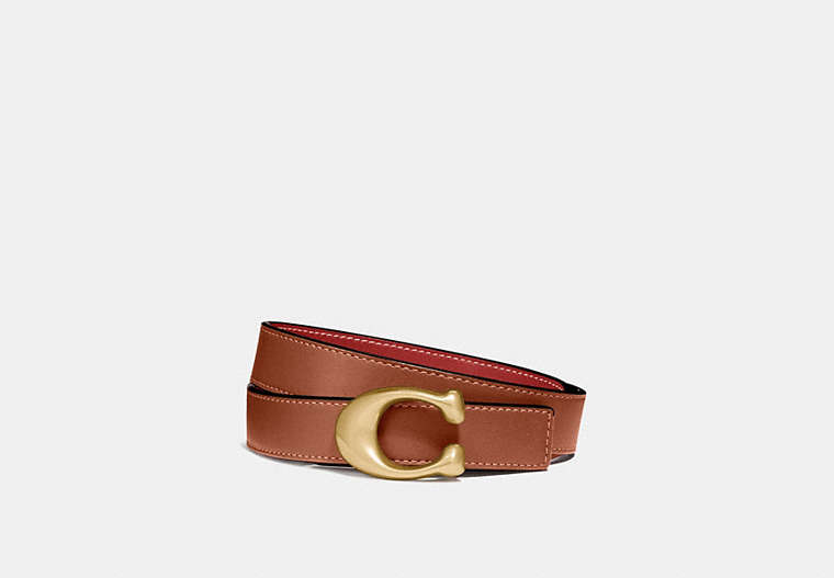 COACH®,C HARDWARE REVERSIBLE BELT, 25MM,Smooth Leather,Brass/Red/1941 Saddle,Front View