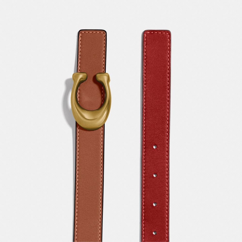 COACH®,C HARDWARE REVERSIBLE BELT, 25MM,Brass/Red/1941 Saddle,Angle View