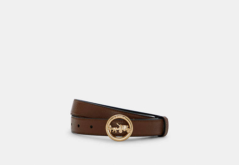 COACH®,HORSE AND CARRIAGE BUCKLE BELT, 25MM,Pebbled Leather,Gold/Saddle Black,Front View
