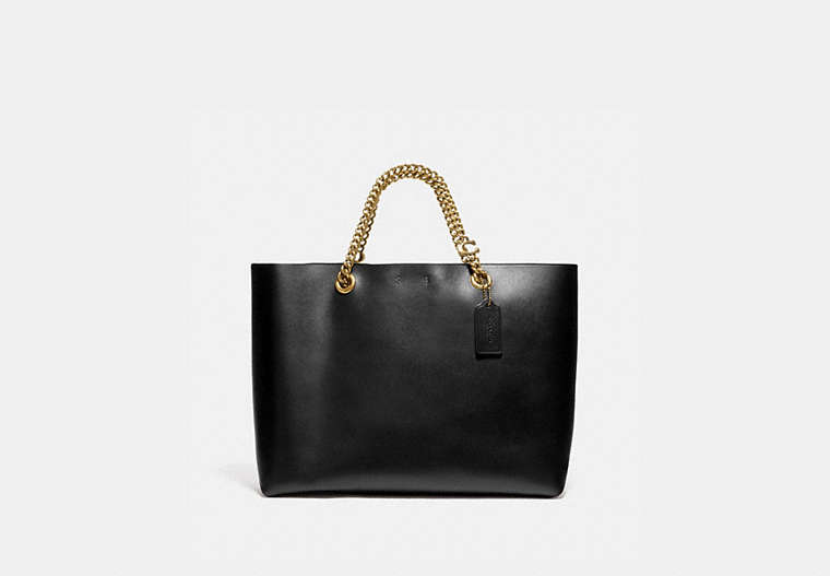 COACH®,SIGNATURE CHAIN CENTRAL TOTE,Leather,X-Large,Brass/Black,Front View