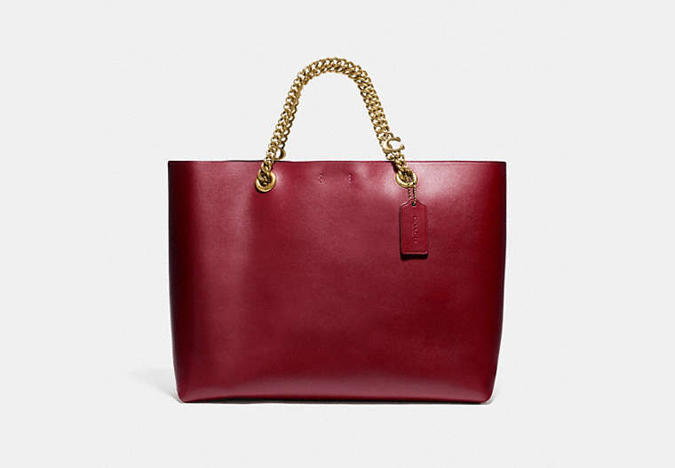 COACH®,SIGNATURE CHAIN CENTRAL TOTE,Leather,X-Large,Brass/Deep Red,Front View