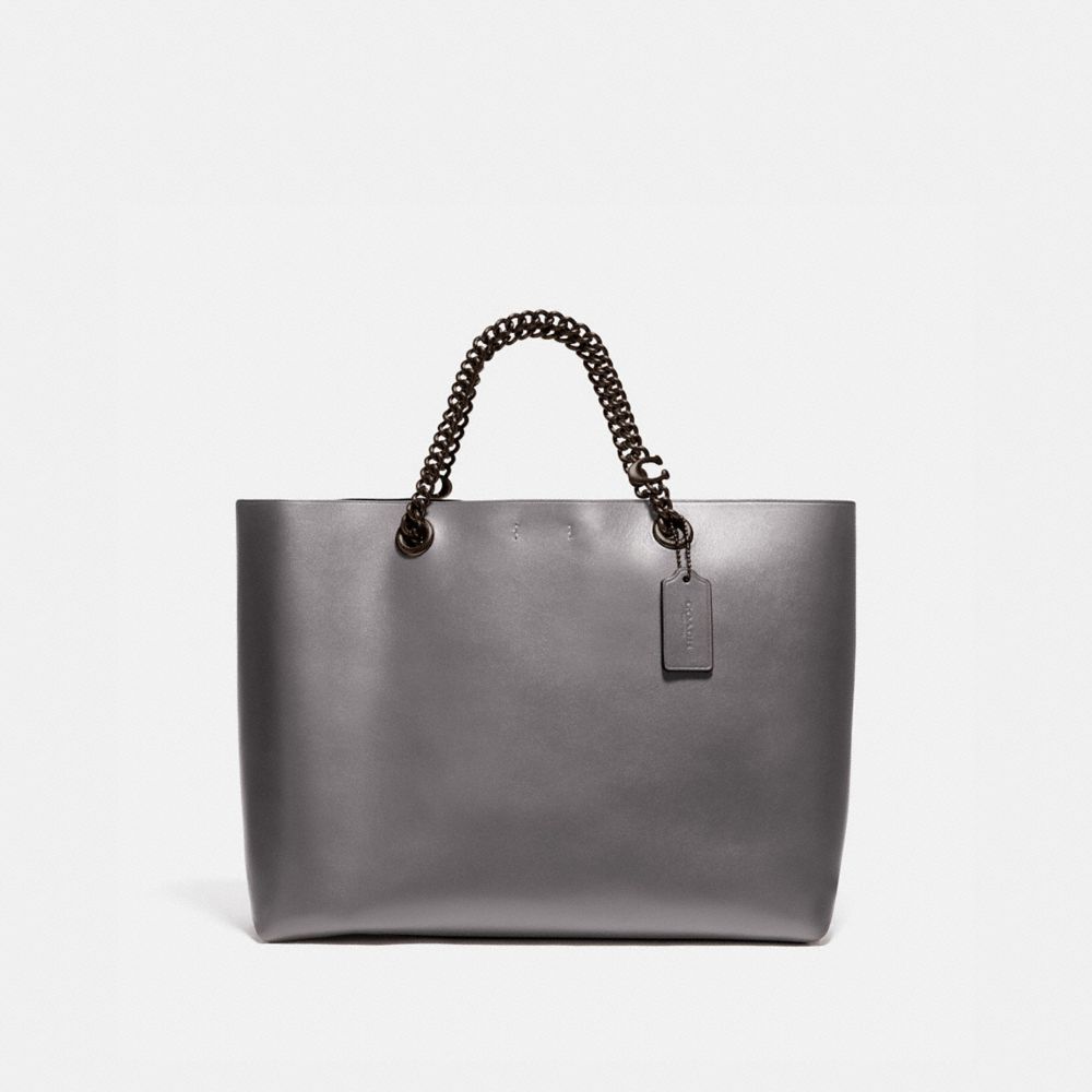 COACH®,CABAS CENTRAL CHAÎNE SIGNATURE,étain/Gris Chiné,Front View