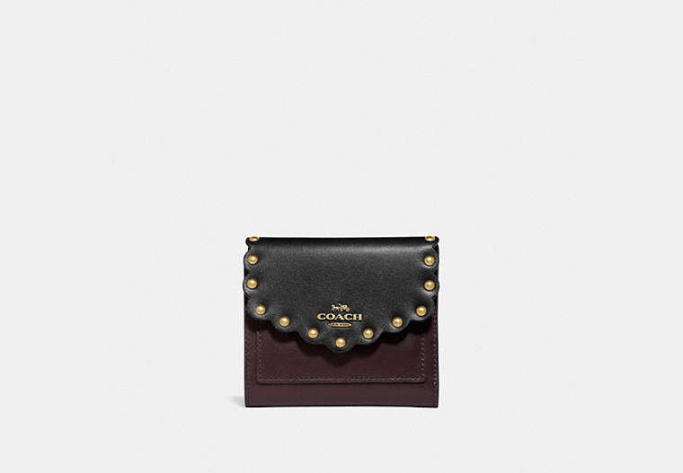 COACH®,SMALL WALLET IN COLORBLOCK WITH SCALLOP RIVETS,Smooth Leather,Brass/Black Multi,Front View