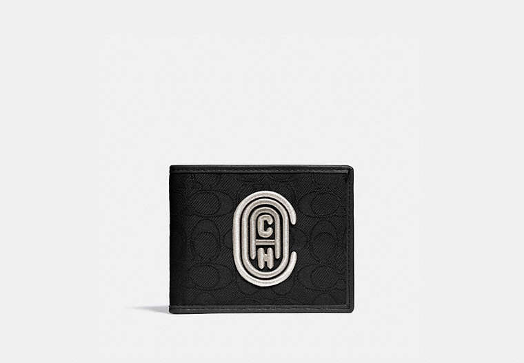 COACH®,DOUBLE BILLFOLD WALLET IN SIGNATURE JACQUARD WITH COACH PATCH,Nylon,Black/Chalk,Front View