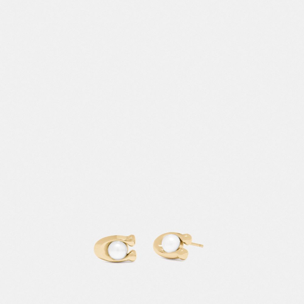 COACH®,SIGNATURE STONE STUD EARRINGS,Plated Brass,Gold/White,Front View image number 0