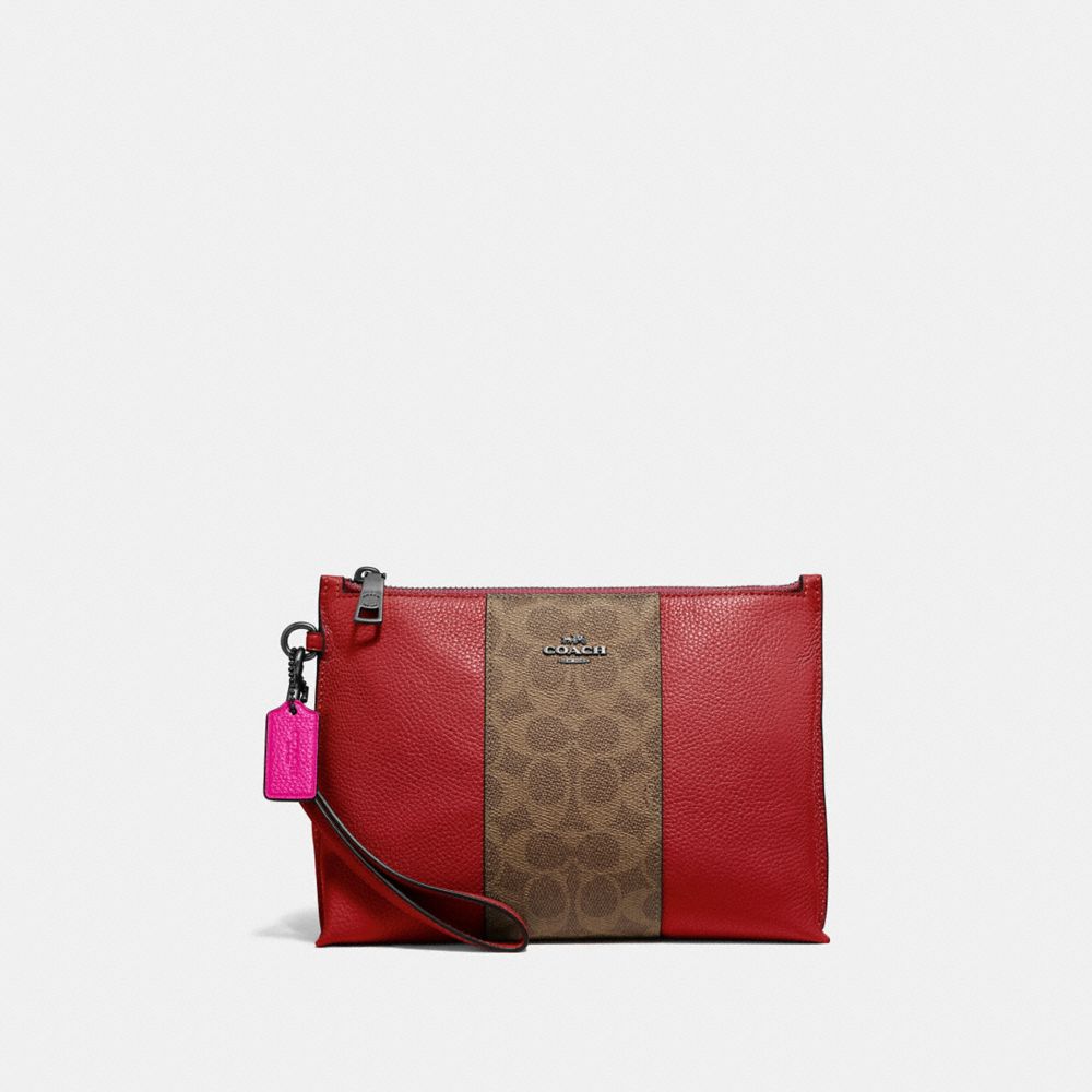 COACH®,CHARLIE POUCH WITH SIGNATURE CANVAS BLOCKING,pvc,Small,Pewter/Tan Red Apple,Front View