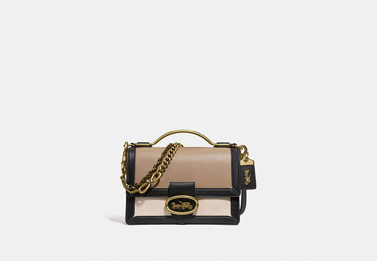 COACH®,RILEY TOP HANDLE 22 IN COLORBLOCK,Glovetan Leather,Small,Brass/Stone Multi,Front View