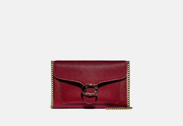 COACH®,TABBY CHAIN CLUTCH,Smooth Leather/Pebble Leather,Brass/Deep Red,Front View