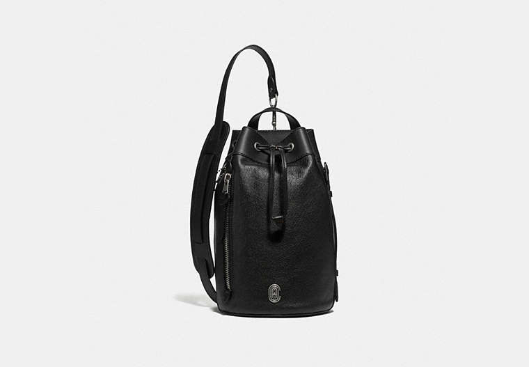 COACH®,DRAWSTRING CROSSBODY WITH COACH PATCH,Leather,Medium,Light Antique Nickel/Black,Front View