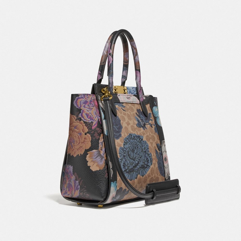 COACH®,TROUPE TOTE IN SIGNATURE CANVAS WITH KAFFE FASSETT PRINT,Coated Canvas,Large,Brass/Tan Blue Multi,Angle View