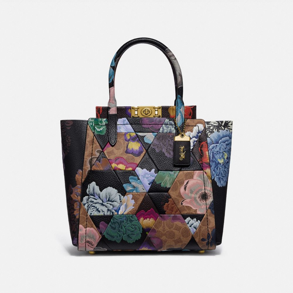 COACH®,CABAS TROUPE EN TOILE EXCLUSIVE AVEC PATCHWORK IMPRIMÉ KAFFE FASSETT,PVC,Laiton/Brun roux Multi,Front View