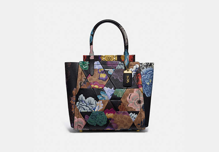 COACH®,TROUPE TOTE IN SIGNATURE CANVAS WITH PATCHWORK KAFFE FASSETT PRINT,pvc,Medium,Brass/Tan Multi,Front View image number 0
