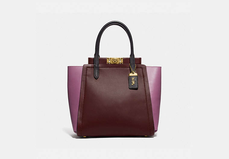COACH®,TROUPE TOTE IN COLORBLOCK,Leather,Large,Brass/Cranberry Multi,Front View