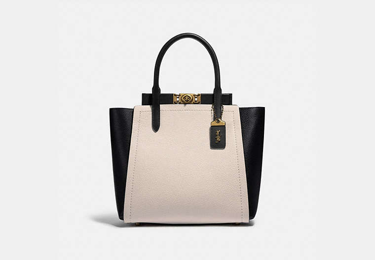 COACH®,TROUPE TOTE IN COLORBLOCK,Leather,Large,Brass/Chalk Multi,Front View image number 0