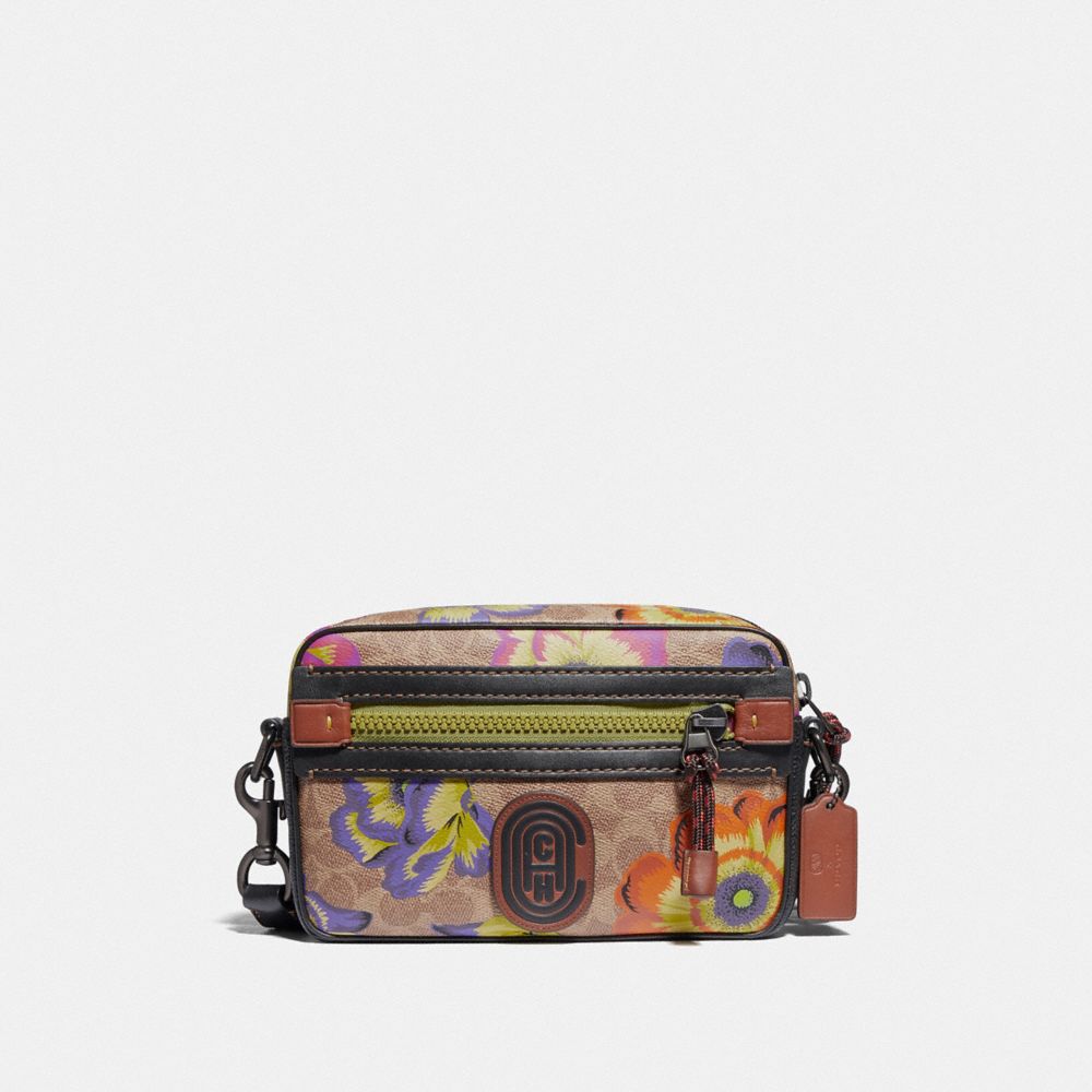 COACH®,ACADEMY CROSSBODY IN SIGNATURE CANVAS WITH KAFFE FASSETT PRINT,Coated Canvas,Small,Tan/Multi/Pewter,Front View