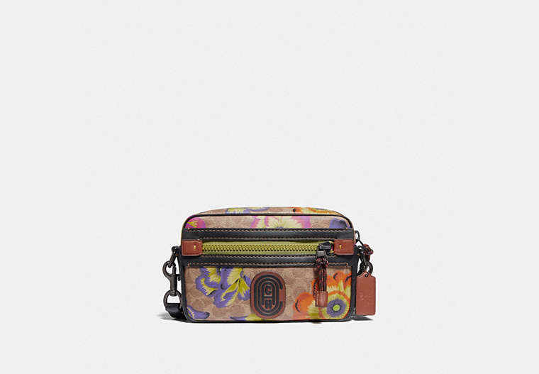 COACH®,ACADEMY CROSSBODY IN SIGNATURE CANVAS WITH KAFFE FASSETT PRINT,Coated Canvas,Small,Tan/Multi/Pewter,Front View