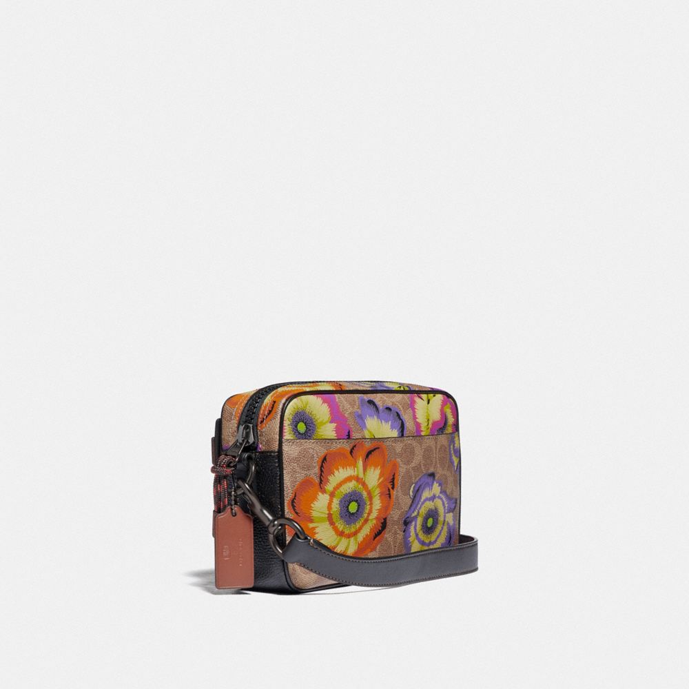 COACH®,ACADEMY CROSSBODY IN SIGNATURE CANVAS WITH KAFFE FASSETT PRINT,Coated Canvas,Small,Tan/Multi/Pewter,Angle View