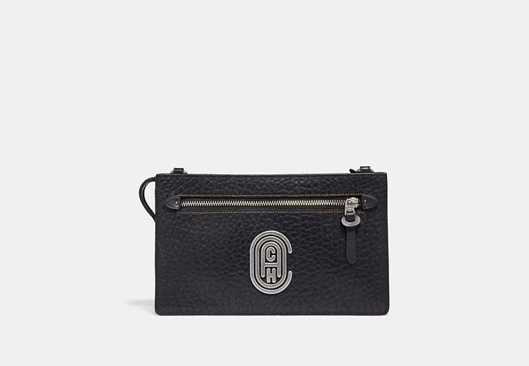COACH®,RIVINGTON CONVERTIBLE POUCH WITH COACH PATCH,Coated Canvas,Black,Front View image number 0