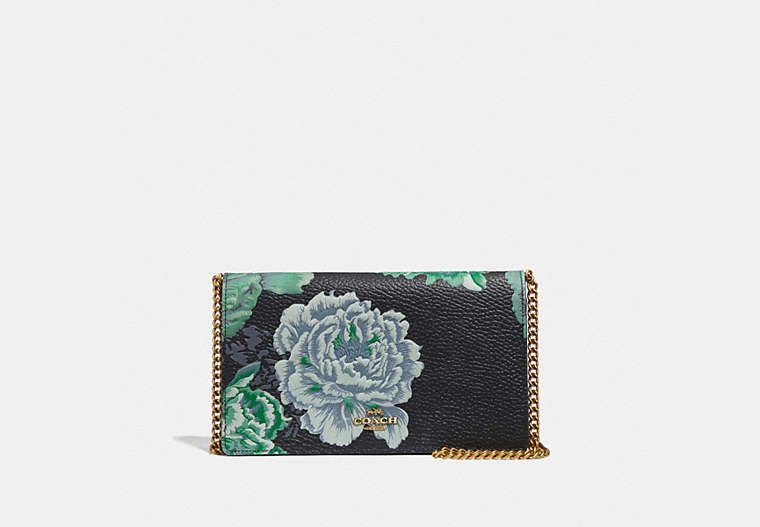 COACH®,CALLIE FOLDOVER CHAIN CLUTCH WITH KAFFE FASSETT PRINT,Leather,Mini,Brass/Green Multi,Front View