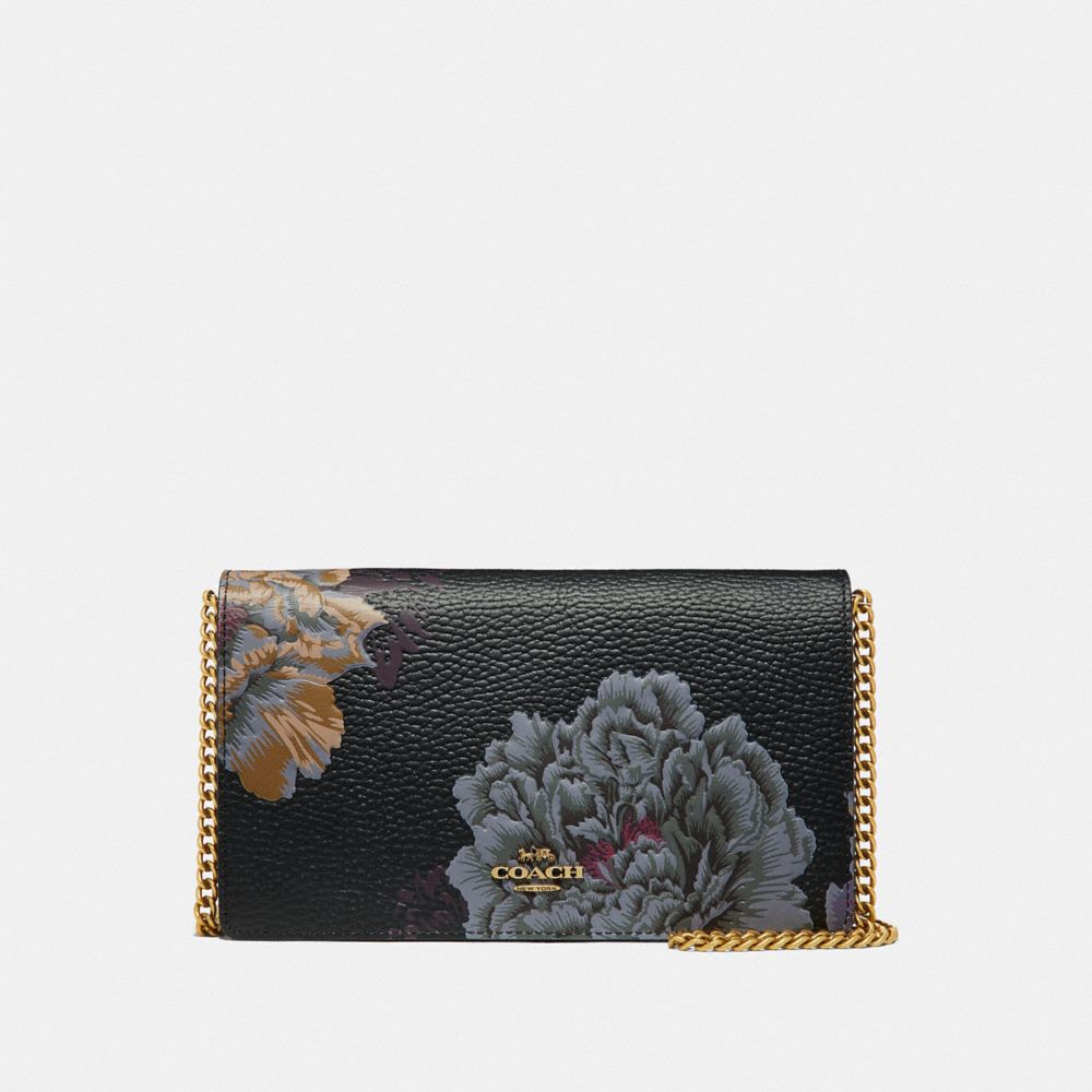COACH®,CALLIE FOLDOVER CHAIN CLUTCH WITH KAFFE FASSETT PRINT,Leather,Mini,Brass/Black Multi,Front View
