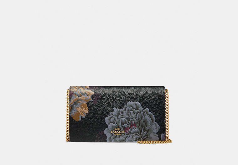 COACH®,CALLIE FOLDOVER CHAIN CLUTCH WITH KAFFE FASSETT PRINT,Leather,Mini,Brass/Black Multi,Front View image number 0