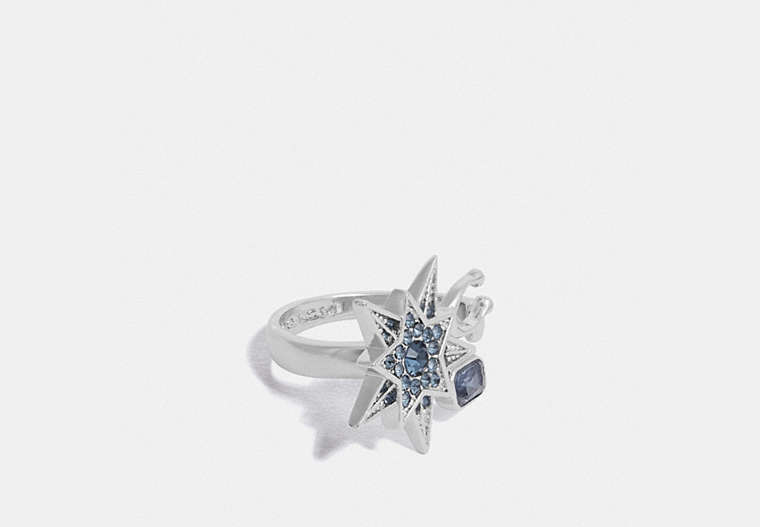 COACH®,SIGNATURE STAR RING,Plated Brass,Silver/Blue,Front View