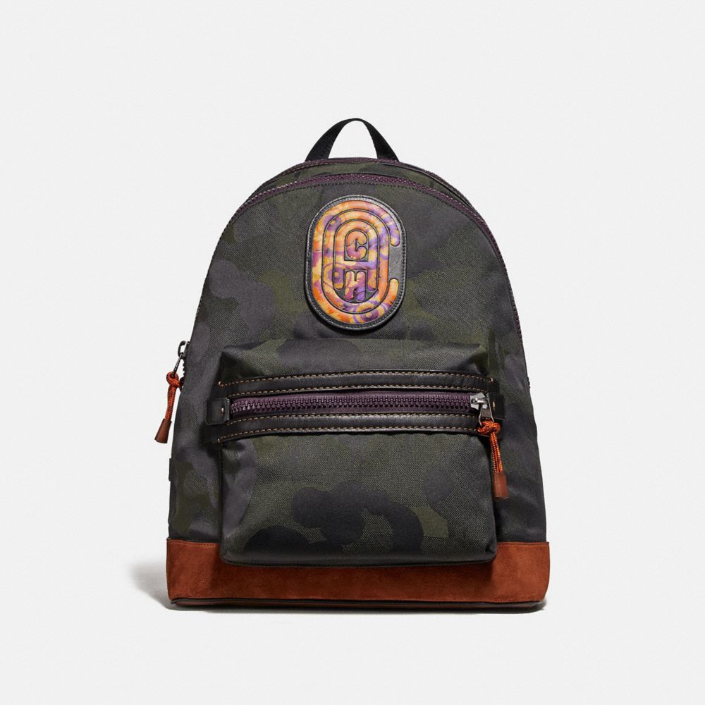COACH®,ACADEMY BACKPACK WITH CAMO PRINT AND KAFFE FASSETT COACH PATCH,mixedmaterial,Large,Military Wild Beast/Black Copper,Front View image number 0