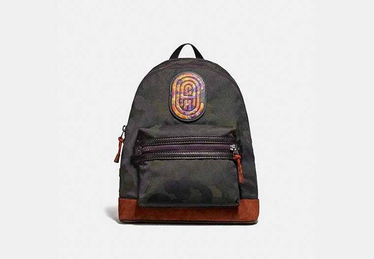 COACH®,ACADEMY BACKPACK WITH CAMO PRINT AND KAFFE FASSETT COACH PATCH,mixedmaterial,Large,Military Wild Beast/Black Copper,Front View