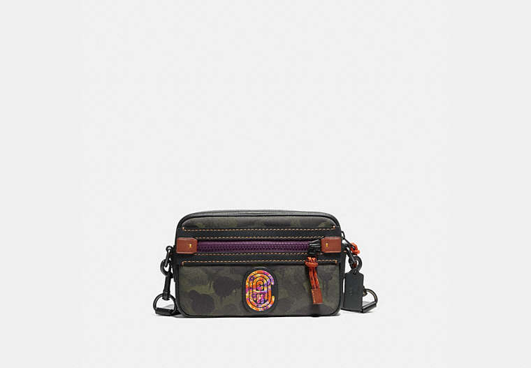COACH®,ACADEMY CROSSBODY WITH CAMO PRINT AND KAFFE FASSETT COACH PATCH,mixedmaterial,Small,Military Wild Beast/Black Copper,Front View image number 0