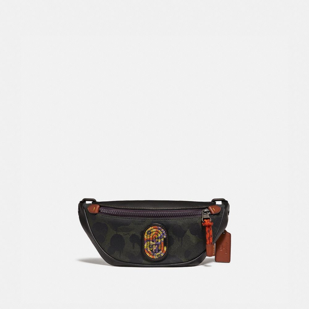 COACH®,RIVINGTON BELT BAG 7 WITH CAMO PRINT AND KAFFE FASSETT COACH PATCH,mixedmaterial,Military Wild Beast/Black Copper,Front View
