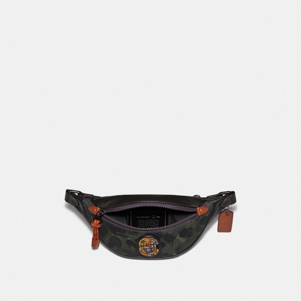 COACH®,RIVINGTON BELT BAG 7 WITH CAMO PRINT AND KAFFE FASSETT COACH PATCH,mixedmaterial,Military Wild Beast/Black Copper,Inside View,Top View