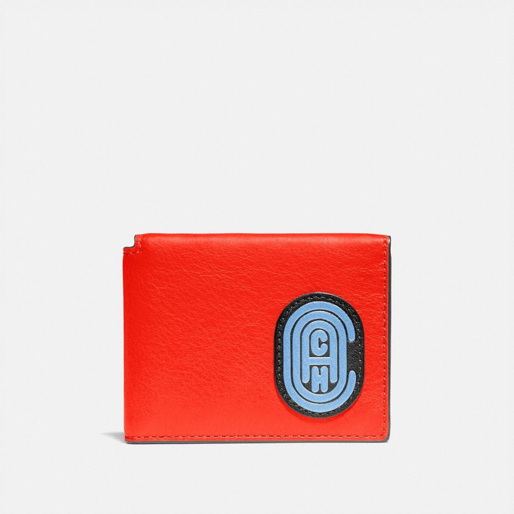 COACH®,TRIFOLD CARD WALLET IN COLORBLOCK WITH COACH PATCH,Red Orange Multi,Front View