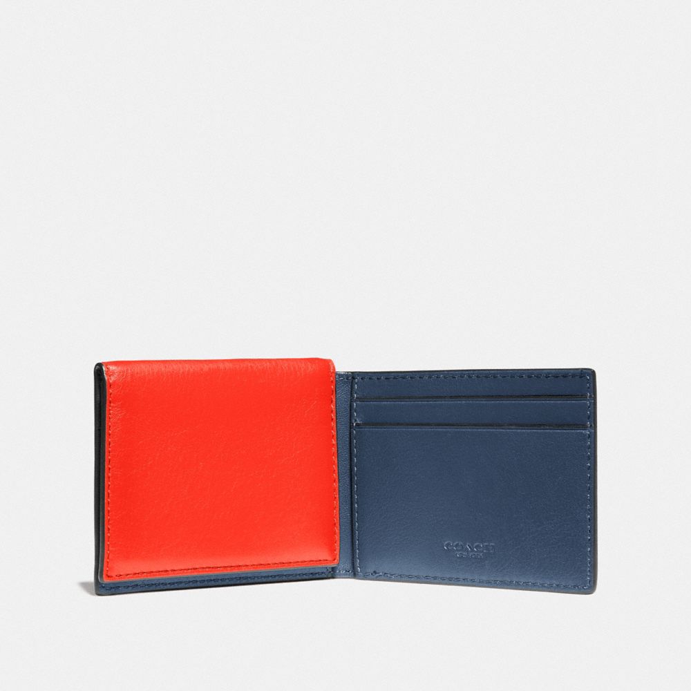 COACH®,TRIFOLD CARD WALLET IN COLORBLOCK WITH COACH PATCH,Red Orange Multi,Inside View,Top View