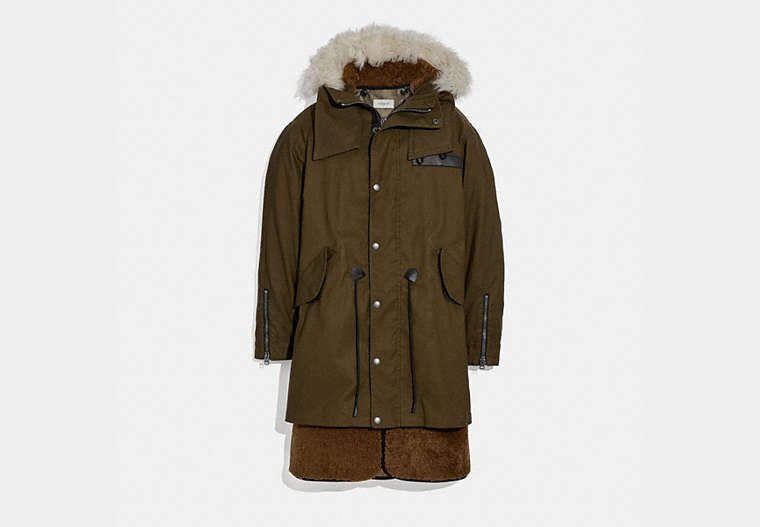 COACH®,SHEARLING CONVERTIBLE PARKA,Nylon,Olive,Front View