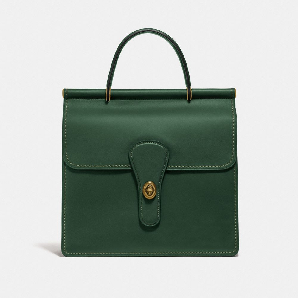 COACH®,WILLIS TOP HANDLE,Leather,Medium,Brass/Hunter Green,Front View