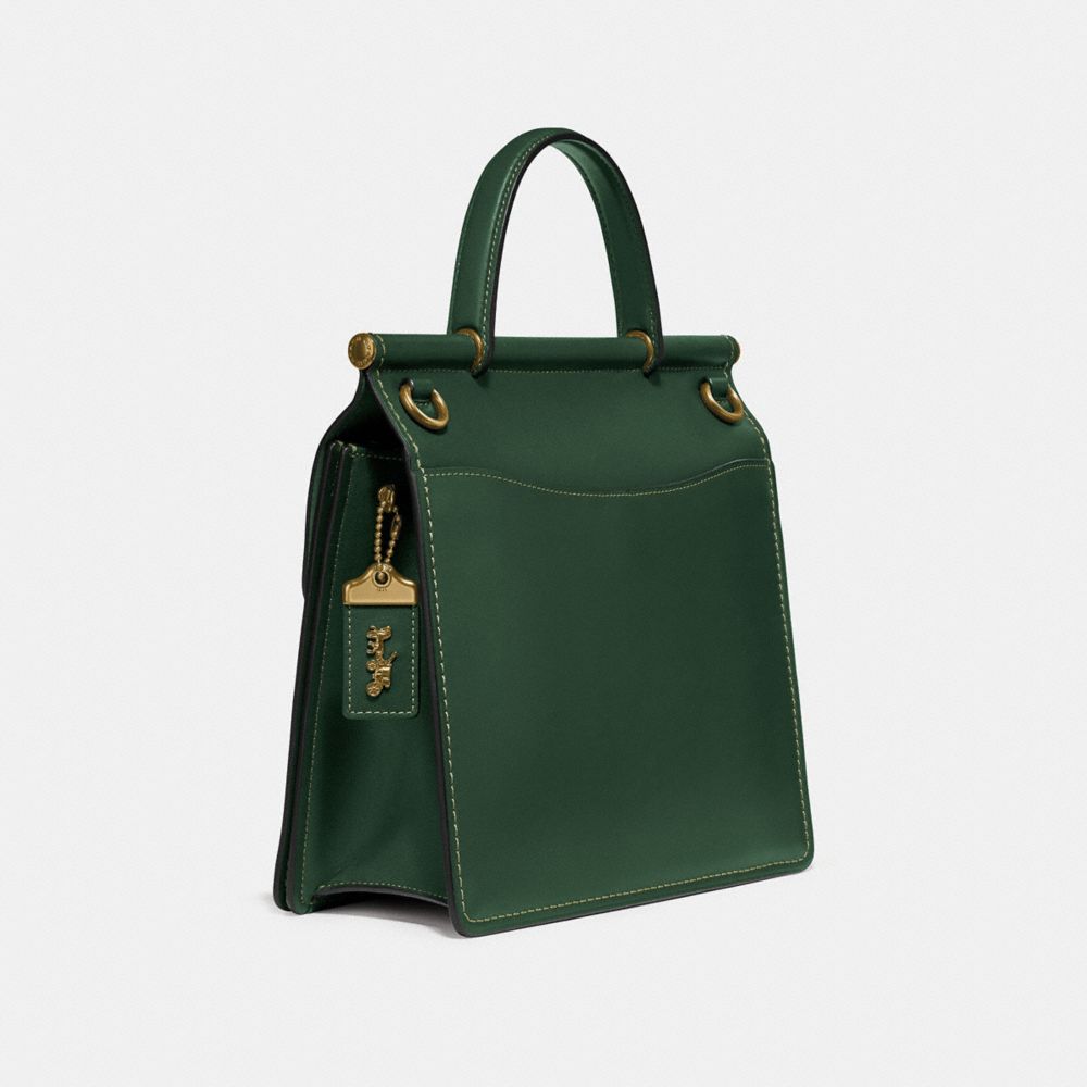 COACH®,WILLIS TOP HANDLE,Leather,Medium,Brass/Hunter Green,Angle View