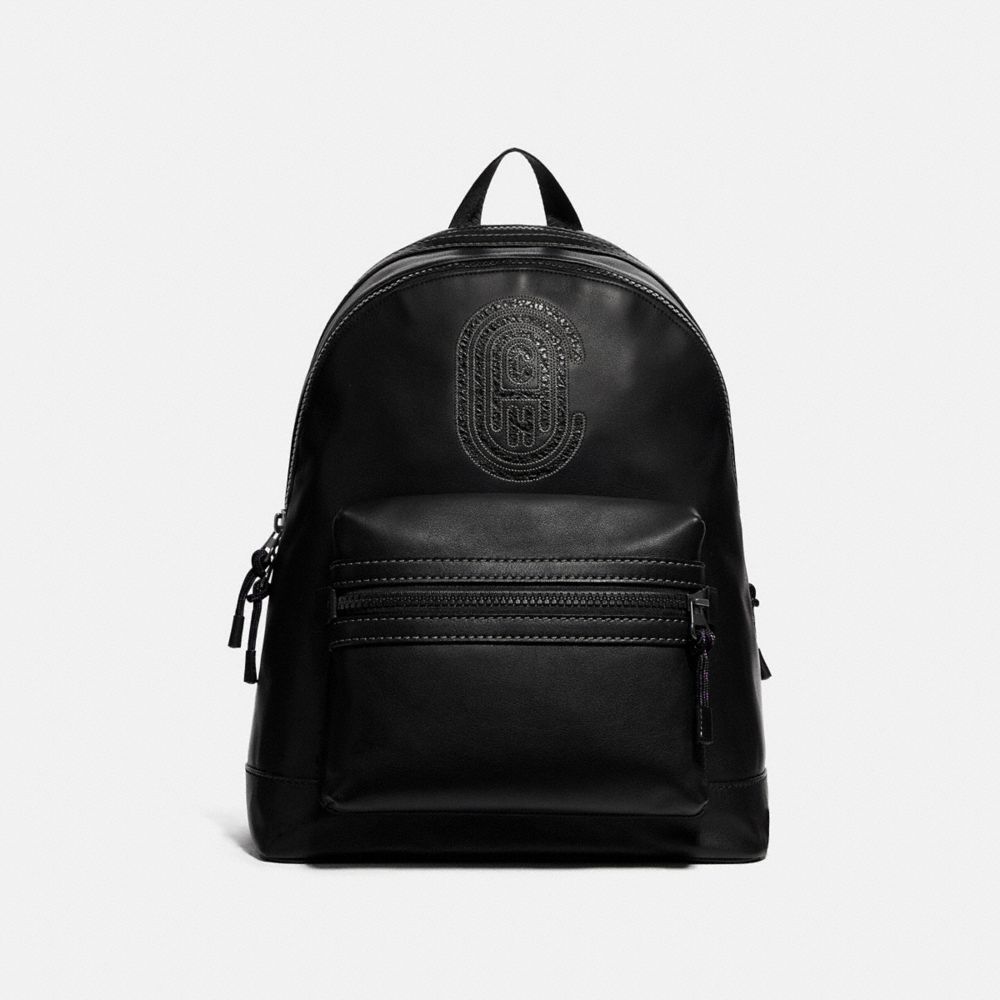 COACH®,ACADEMY BACKPACK WITH COACH PATCH,Smooth Leather/Embossed Leather,Large,Black Copper/Black,Front View