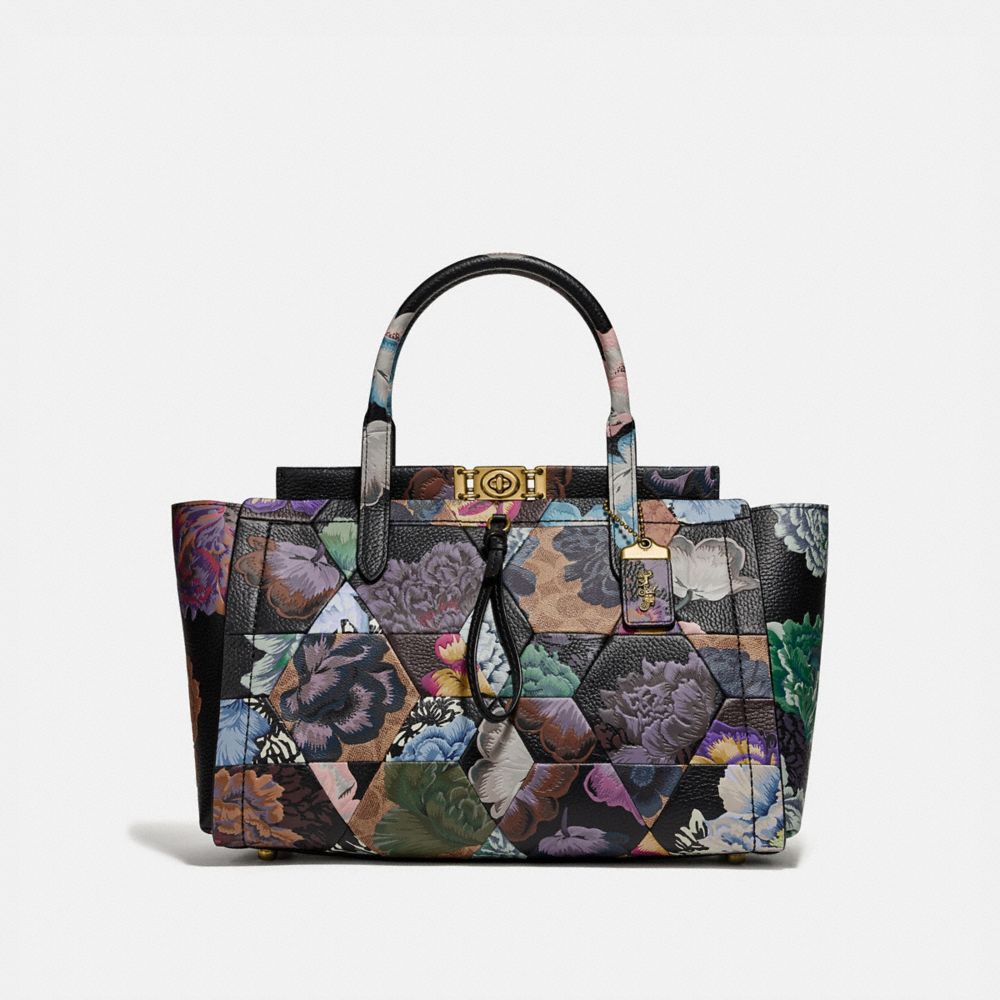 COACH®,TROUPE CARRYALL 35 IN SIGNATURE CANVAS WITH KAFFE FASSETT PRINT,pvc,Large,Brass/Tan Multi,Front View