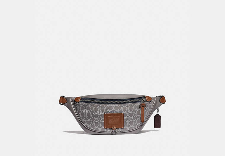 COACH®,RIVINGTON BELT BAG IN REFLECTIVE SIGNATURE LEATHER,Leather,Small,Black Copper/Heather Grey,Front View