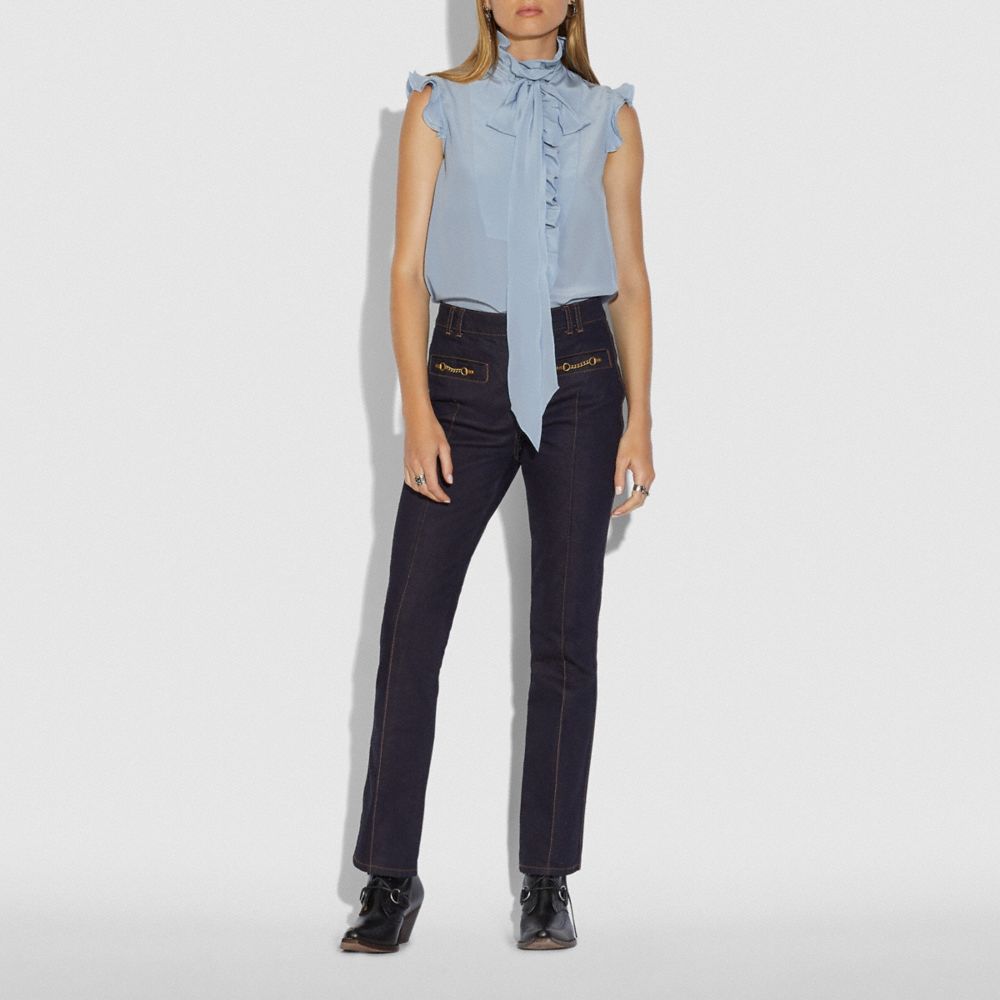 Tie Neck Sleeveless Ruffle Blouse