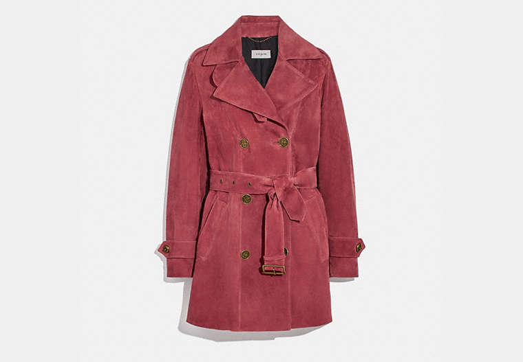 COACH®,SHORT SUEDE TRENCH COAT,Suede,Rose,Front View image number 0