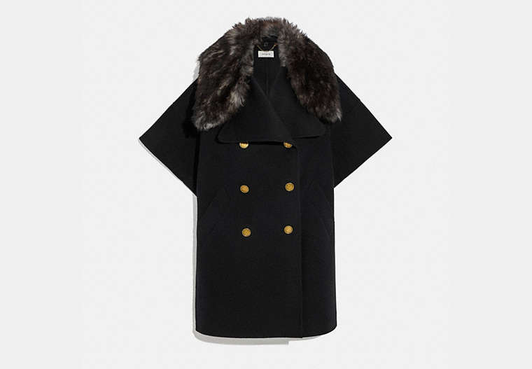 COACH®,LUXURY WOOL CAPE WITH SHEARLING COLLAR,wool,Black,Front View