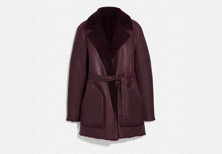 COACH®,REVERSIBLE SHEARLING COAT WITH BELT,Shearling,Burgundy,Front View