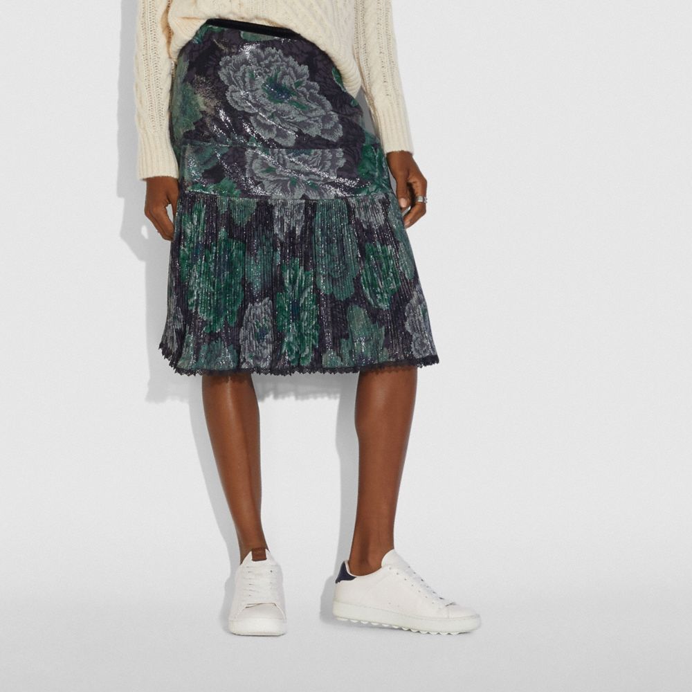 COACH®,PLEATED SKIRT WITH KAFFE FASSETT PRINT,mixedmaterial,Grey/Green,Scale View