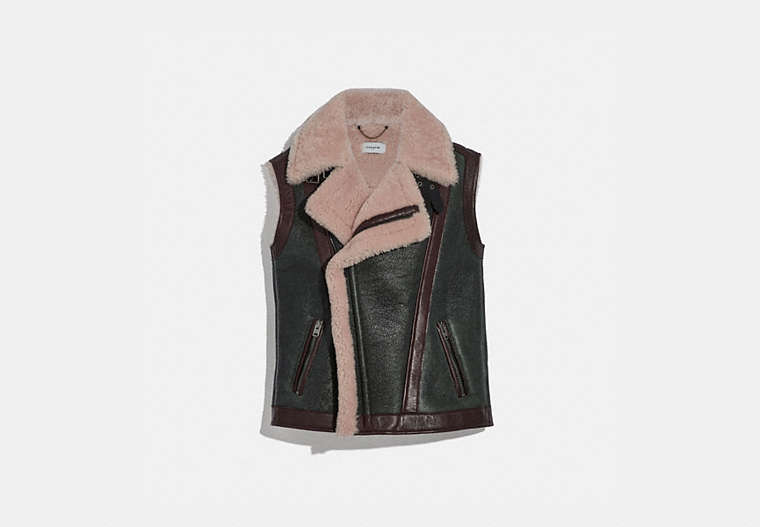COACH®,SHEARLING VEST,Shearling,Black/Pink,Front View