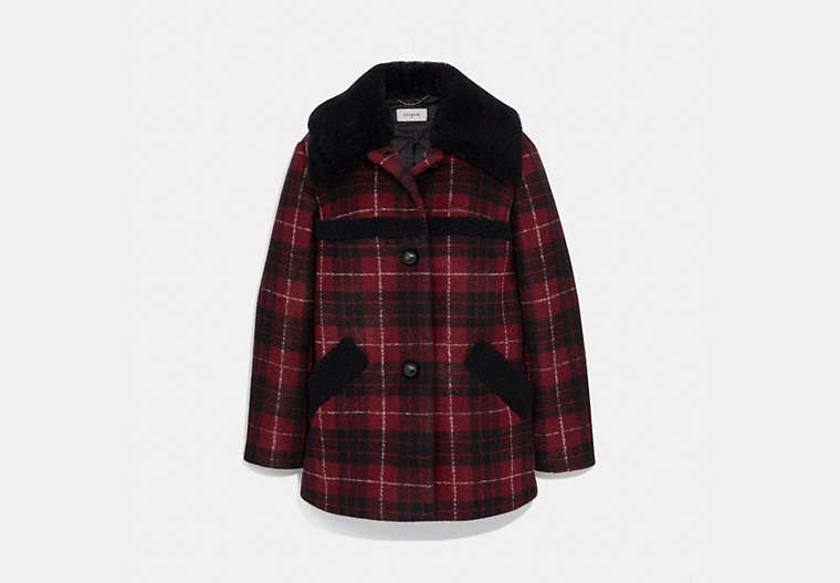 COACH®,PLAID WOOL COAT WITH SHEARLING TRIM,wool,Red/Black,Front View
