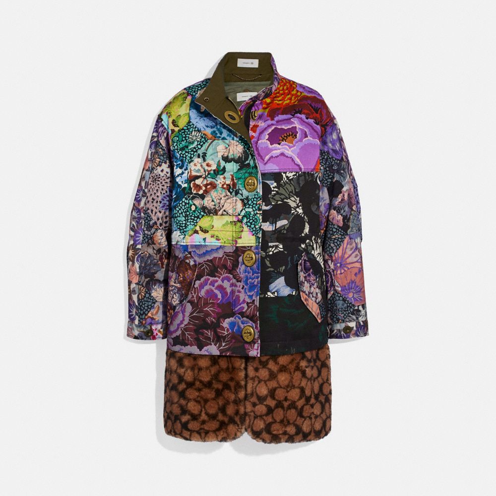 COACH®,PATCHWORK PARKA WITH KAFFE FASSETT PRINT AND REMOVABLE SIGNATURE SHEARLING LINER,mixedmaterial,Multi,Front View