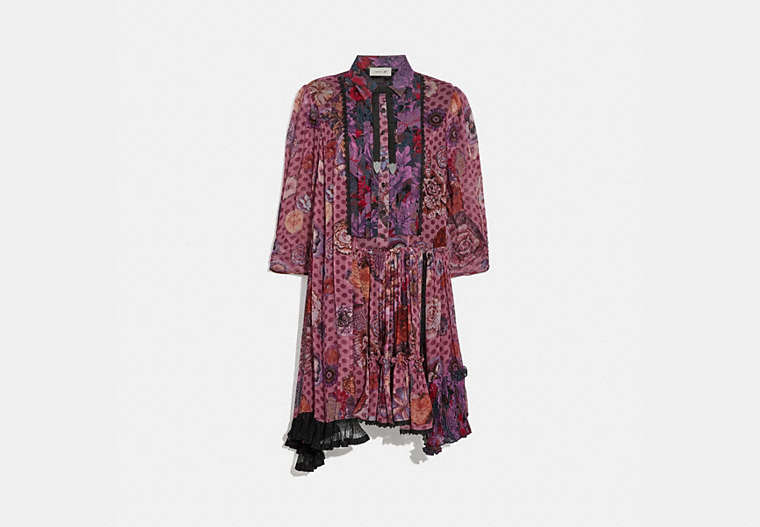 COACH®,ASYMMETRICAL DRESS WITH KAFFE FASSETT PRINT,mixedmaterial,Purple/Red,Front View